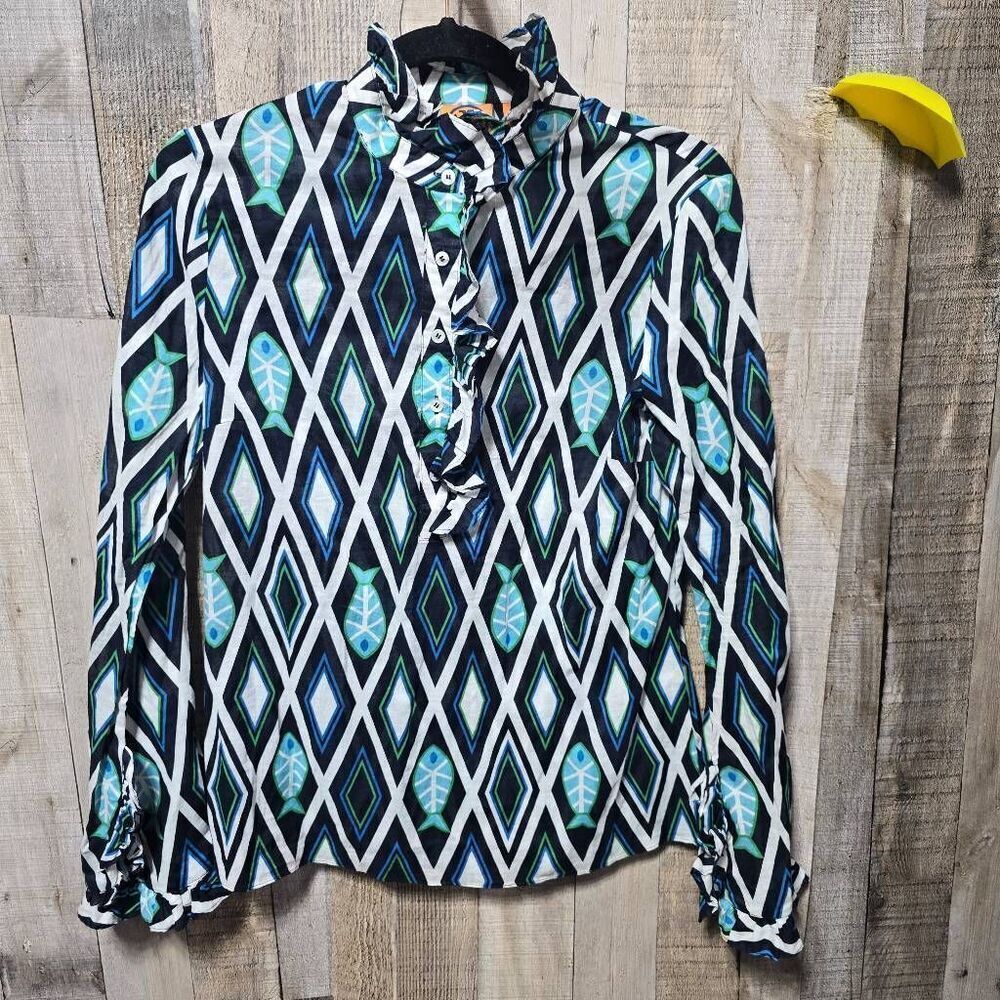 Tory Burch Geometric Print Fish Multicolor Ruffle Blouse